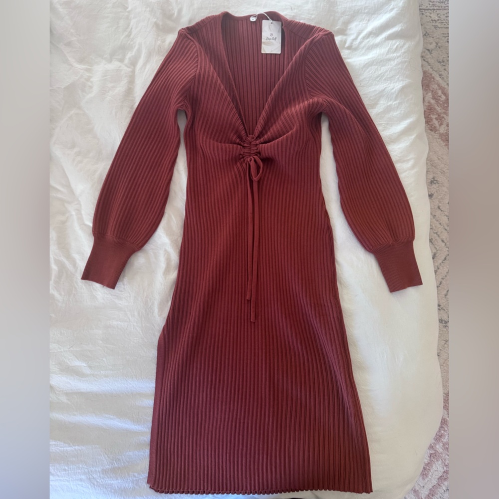 NWT Elegant Ribbed Knit Sweater Dress in Rust Color